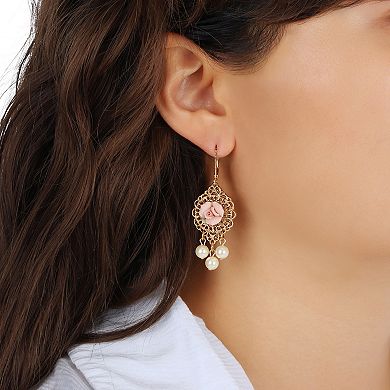 1928 Gold-Tone Porcelain Pink Rose Simulated Pearl Leverback Earrings