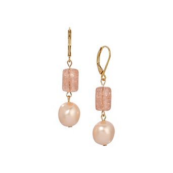 1928 Gold-Tone Peach Cracked Glass Simulated Pearl Bead Earrings