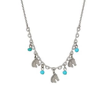 1928 Silver Tone Horse & Simulated Turquoise Bead Adjustable Necklace