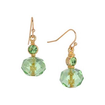 1928 Gold Tone Green Bead Drop Earrings
