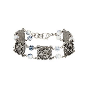 1928 Silver Tone Dog Paws & Bone Blue Bead Bracelet