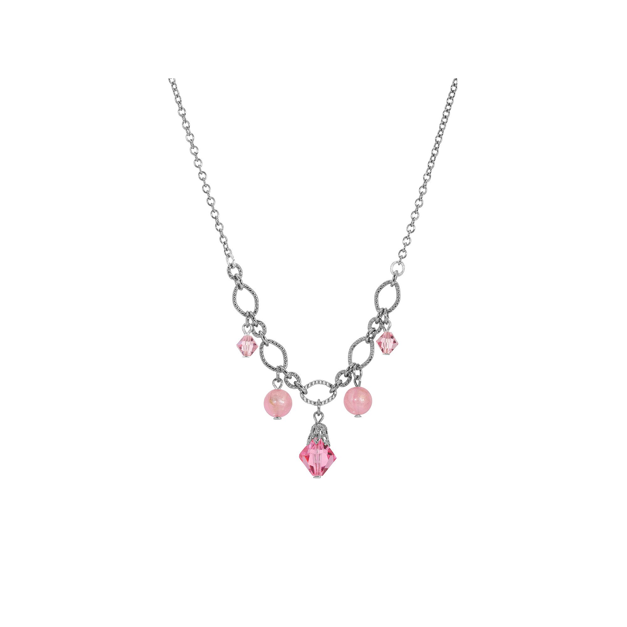 1928 Silver Tone Rose & Pink Multi-Bead Necklace, Womens