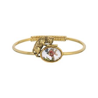 1928 Gold-Tone Cat & Clear Acrylic Stone Fishbowl Bracelet