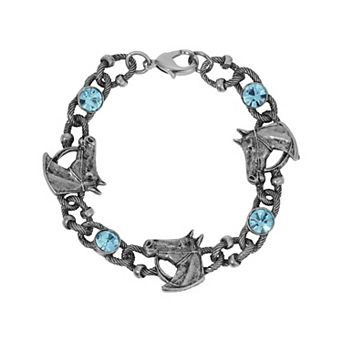 1928 Silver Tone Horse & Blue Glass Crystal Stones Bracelet
