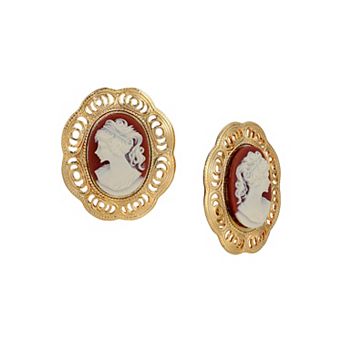 1928 14k Gold Dipped Carnelian Cameo Clip-On Earrings