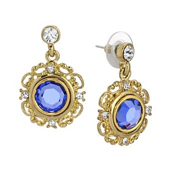 1928 Gold Tone Blue Round Crystal Drop Earrings