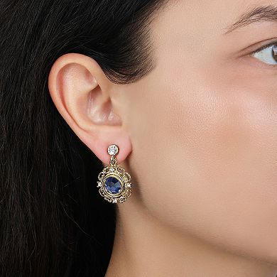 1928 Gold Tone Blue Round Crystal Drop Earrings