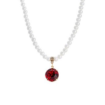 1928 Gold-Tone Red Crystal Simulated Pearl Strand Adjustable Necklace