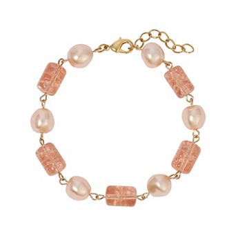 1928 Gold-Tone Peach Cracked Glass Simulated Pearl Bead Bracelet