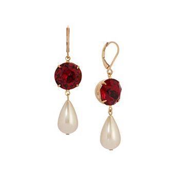 1928 Gold-Tone Simulated Pearl Red Crystal Drop Earrings