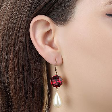 1928 Gold-Tone Simulated Pearl Red Crystal Drop Earrings