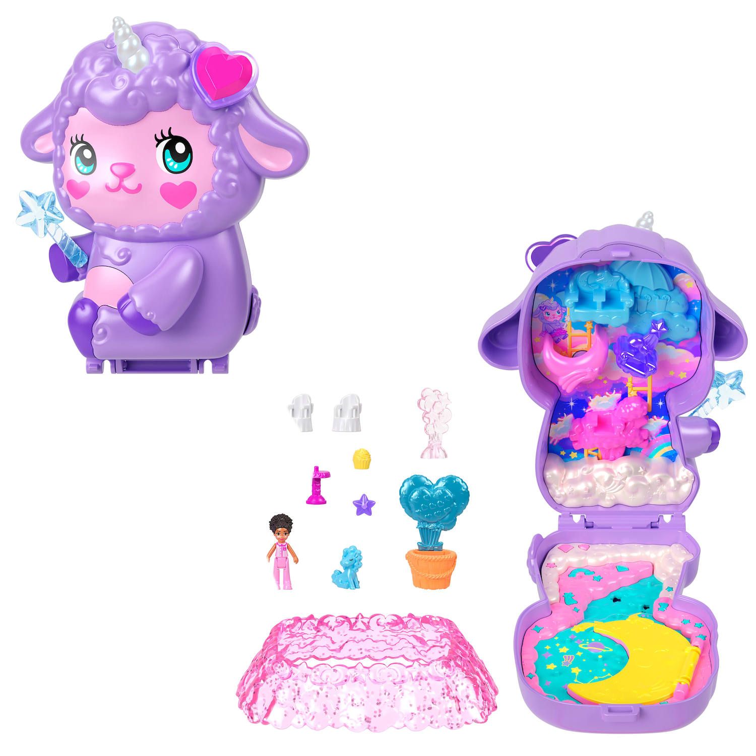Детские куклы Polly Pocket Cozy Dreamland Lamb Compact Playset with 1 Micro Doll and Pet Unicorn