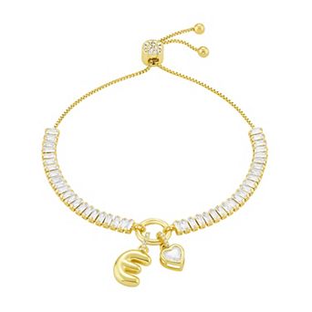 Brilliance Cubic Zirconia Heart & Polished Bubble Initial Charm Adjustable Bracelet