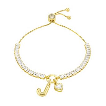 Brilliance Cubic Zirconia Heart & Polished Bubble Initial Charm Adjustable Bracelet