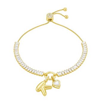 Brilliance Cubic Zirconia Heart & Polished Bubble Initial Charm Adjustable Bracelet