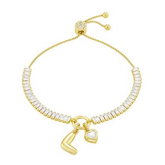 Brilliance Cubic Zirconia Heart & Polished Bubble Initial Charm Adjustable Bracelet