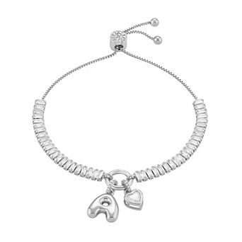Brilliance Cubic Zirconia Heart & Polished Bubble Initial Charm Adjustable Bracelet