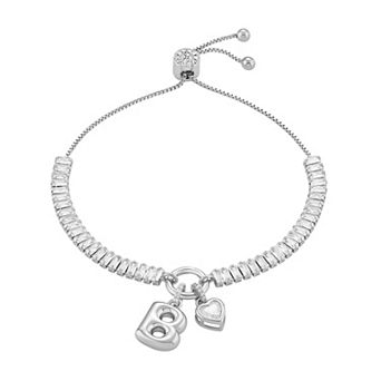 Brilliance Cubic Zirconia Heart & Polished Bubble Initial Charm Adjustable Bracelet