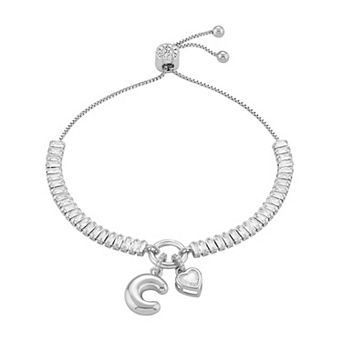 Brilliance Cubic Zirconia Heart & Polished Bubble Initial Charm Adjustable Bracelet