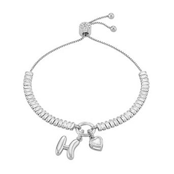 Brilliance Cubic Zirconia Heart & Polished Bubble Initial Charm Adjustable Bracelet