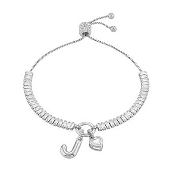Brilliance Cubic Zirconia Heart & Polished Bubble Initial Charm Adjustable Bracelet