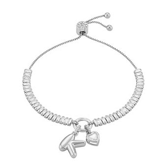 Brilliance Cubic Zirconia Heart & Polished Bubble Initial Charm Adjustable Bracelet