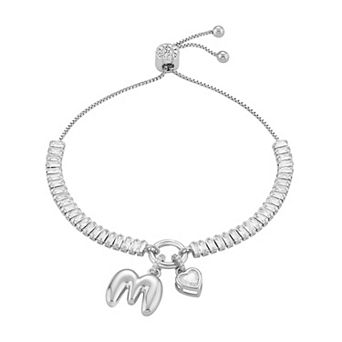 Brilliance Cubic Zirconia Heart & Polished Bubble Initial Charm Adjustable Bracelet