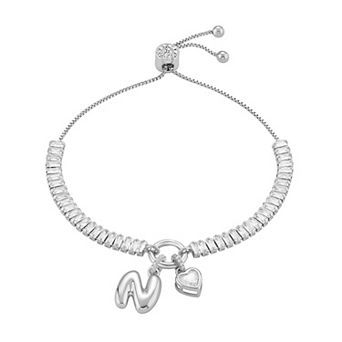 Brilliance Cubic Zirconia Heart & Polished Bubble Initial Charm Adjustable Bracelet