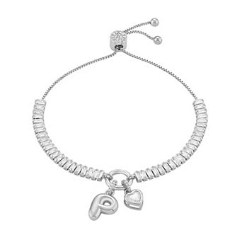 Brilliance Cubic Zirconia Heart & Polished Bubble Initial Charm Adjustable Bracelet