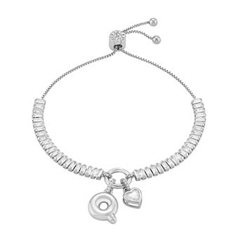 Brilliance Cubic Zirconia Heart & Polished Bubble Initial Charm Adjustable Bracelet
