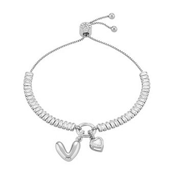 Brilliance Cubic Zirconia Heart & Polished Bubble Initial Charm Adjustable Bracelet