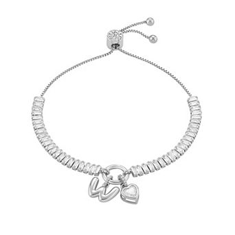 Brilliance Cubic Zirconia Heart & Polished Bubble Initial Charm Adjustable Bracelet