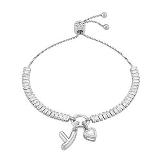 Brilliance Cubic Zirconia Heart & Polished Bubble Initial Charm Adjustable Bracelet