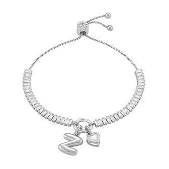 Brilliance Cubic Zirconia Heart & Polished Bubble Initial Charm Adjustable Bracelet
