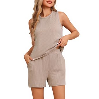 Women's Pajama Sets Round Neck Sleeveless Soft Tank Top and Shorts Pjs Set Lounge Sets with Pockets
