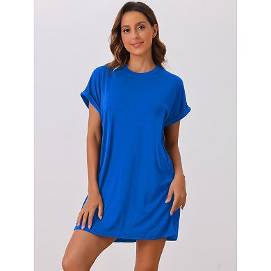 Women's Nightgown Sleep Dress Short Sleeve Crew-Neck Soft Night Dress with Pockets