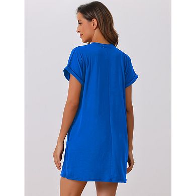 Women's Nightgown Sleep Dress Short Sleeve Crew-Neck Soft Night Dress with Pockets