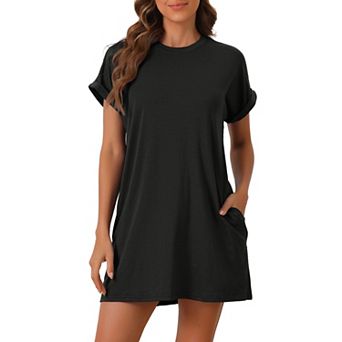 Women's Nightgown Sleep Dress Short Sleeve Crew-Neck Soft Night Dress with Pockets