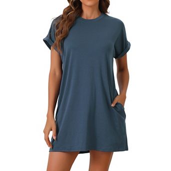 Women's Nightgown Sleep Dress Short Sleeve Crew-Neck Soft Night Dress with Pockets