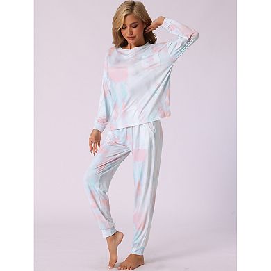 Women's Pajamas Cotton Tie Dye Long Sleeve Round Neck Front Pocket Drawstring Long Pants Loungewear