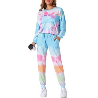 Women's Pajamas Cotton Tie Dye Long Sleeve Round Neck Front Pocket Drawstring Long Pants Loungewear
