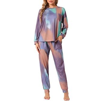 Women's Pajamas Cotton Tie Dye Long Sleeve Round Neck Front Pocket Drawstring Long Pants Loungewear