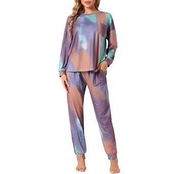 Women's Pajamas Cotton Tie Dye Long Sleeve Round Neck Front Pocket Drawstring Long Pants Loungewear