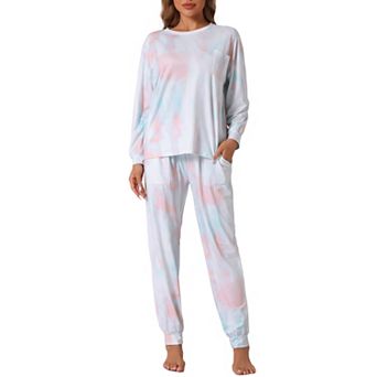 Women's Pajamas Cotton Tie Dye Long Sleeve Round Neck Front Pocket Drawstring Long Pants Loungewear