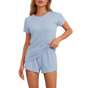 Women's Pajamas Short Sleeves Tops with Shorts Ribbed Knit Casual Loungewear PJ Sets