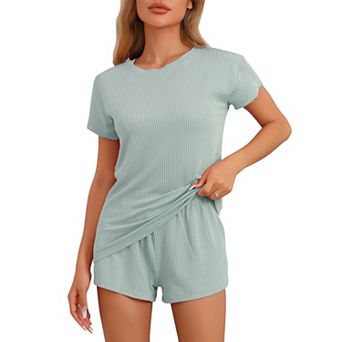 Women's Pajamas Short Sleeves Tops with Shorts Ribbed Knit Casual Loungewear PJ Sets