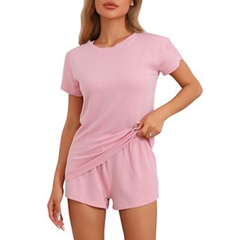 Women's Pajamas Short Sleeves Tops with Shorts Ribbed Knit Casual Loungewear PJ Sets