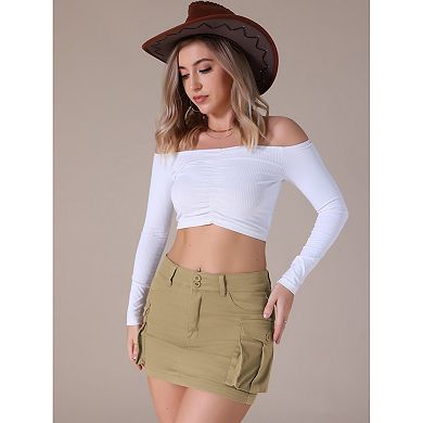 Women's Cargo Denim Skirts Stretch Flap Pockets Button Bodycon Mini Jean Skort