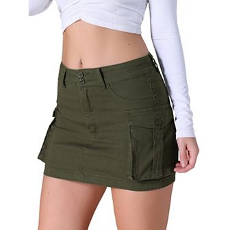 Women's Cargo Denim Skirts Stretch Flap Pockets Button Bodycon Mini Jean Skort