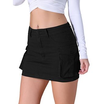 Women's Cargo Denim Skirts Stretch Flap Pockets Button Bodycon Mini Jean Skort